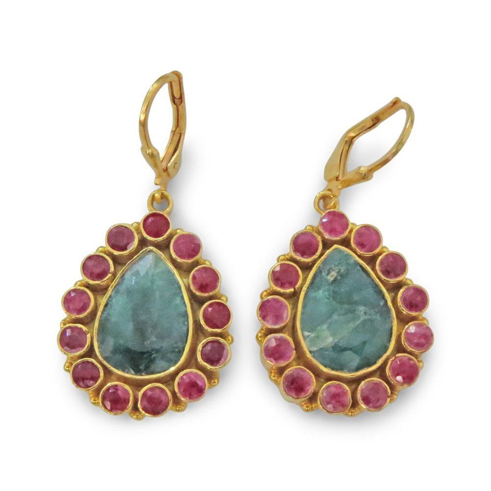 18K Sterling Silver Genuine Emerald-Ruby Gem Stone Earring